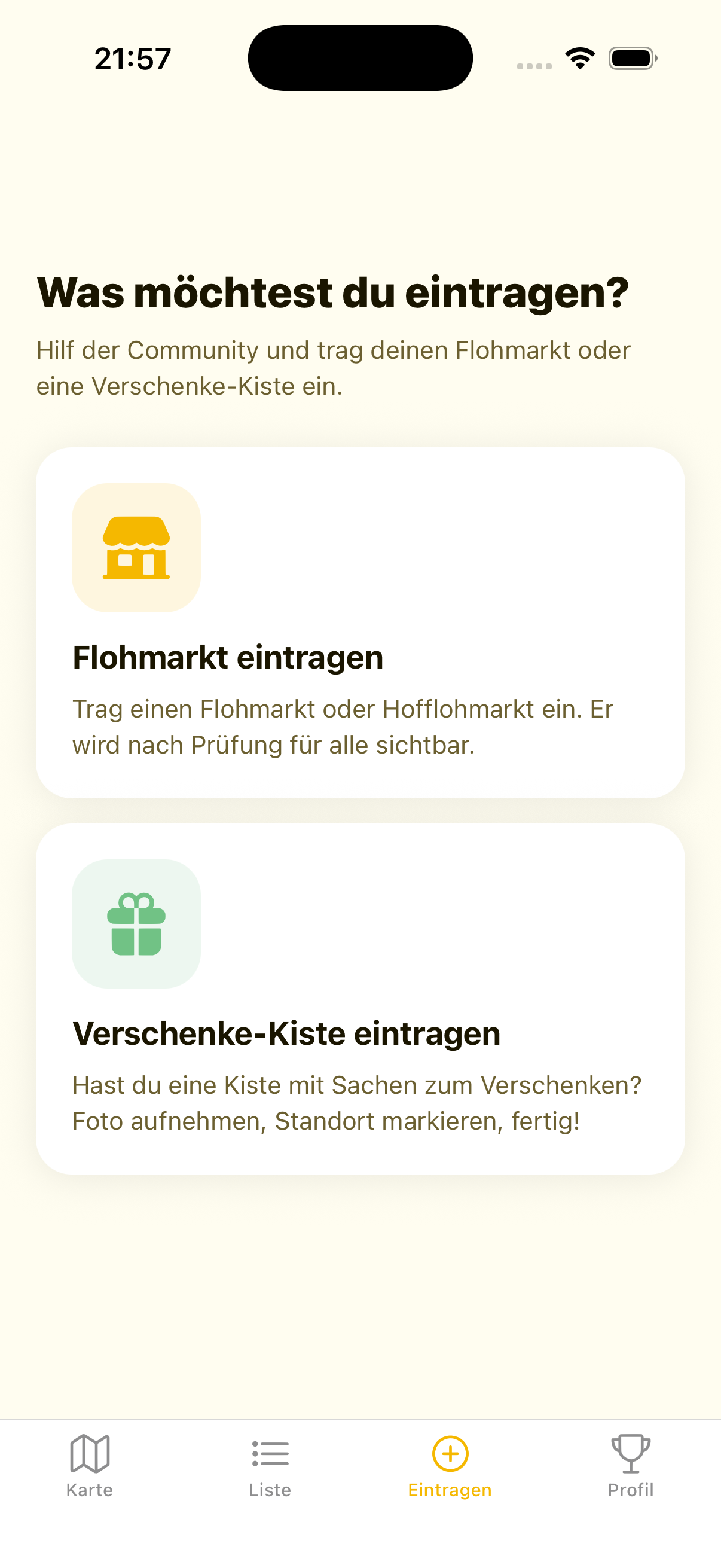 Eintragen-Auswahl zwischen Flohmarkt und Verschenke-Kiste