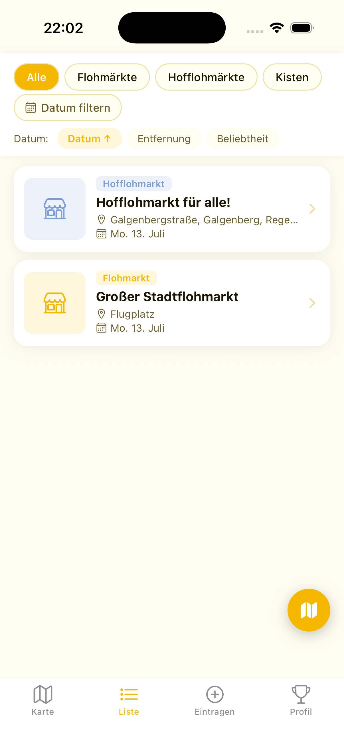 Listenansicht mit Filter nach Typ und Datum