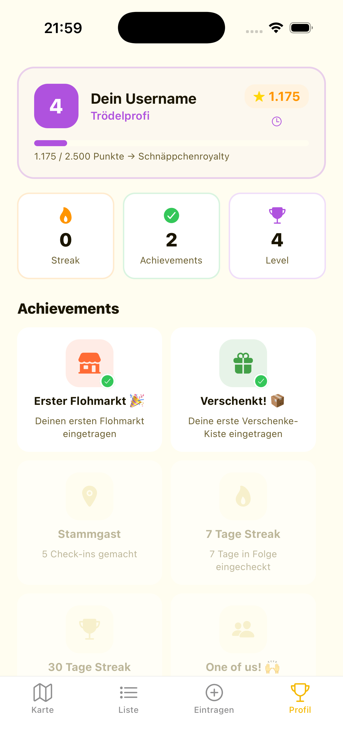 Profil mit Punktestand, Level und Achievements